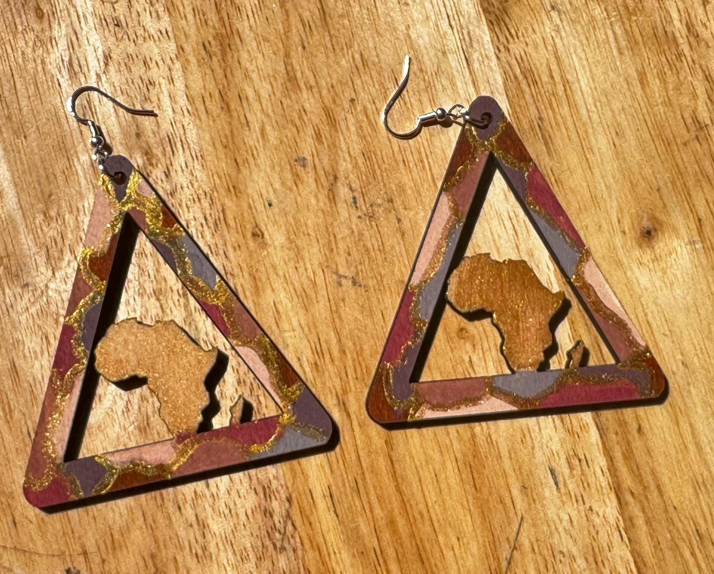 Afrocentric Triangle Earrings – Hand-Painted Wooden Earrings with Africa Cutout, Tribal-Inspired Jewelry, Lightweight Statement Earrings