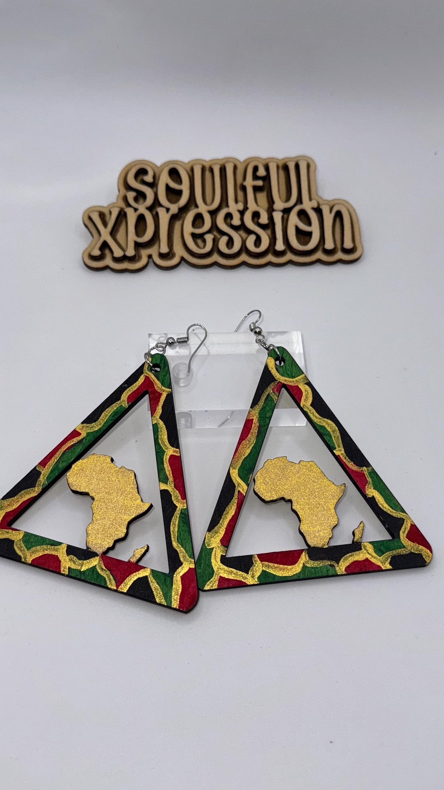 Pan-African Triangle Wooden Earrings – Hand-Painted Africa Silhouette Earrings | Soulful Xpression Collection