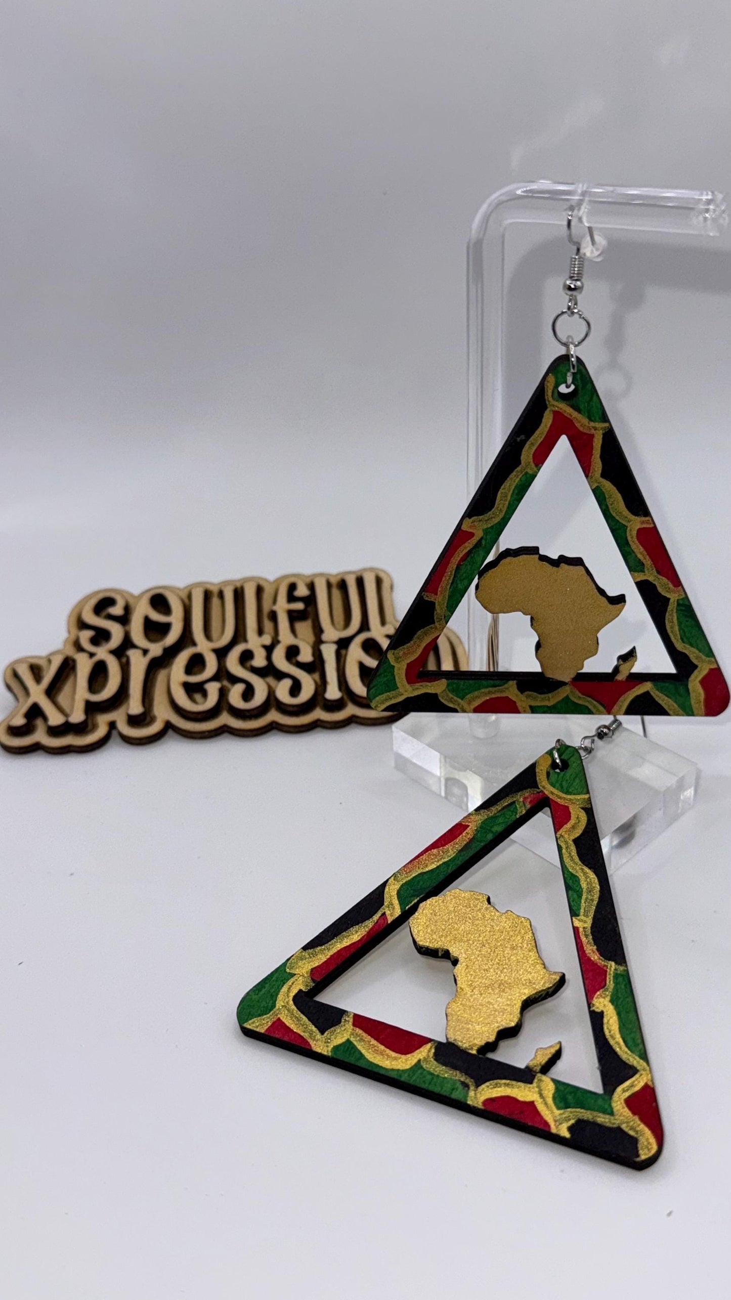 Pan-African Triangle Wooden Earrings – Hand-Painted Africa Silhouette Earrings | Soulful Xpression Collection