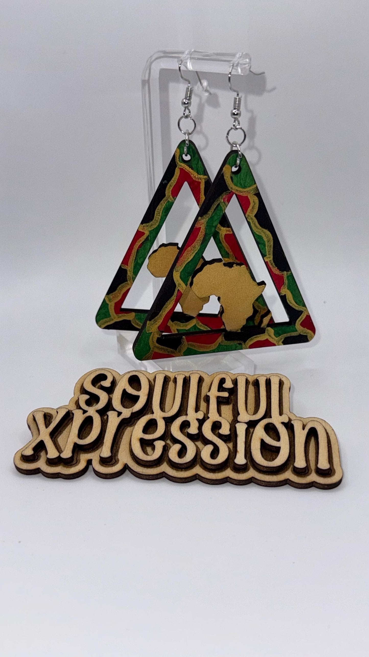 Pan-African Triangle Wooden Earrings – Hand-Painted Africa Silhouette Earrings | Soulful Xpression Collection