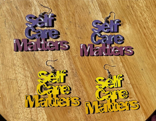 Self Care Matters Earrings – Hand-Painted Wooden Statement Earrings, Empowerment Jewelry, Inspirational Self-Love Accessory